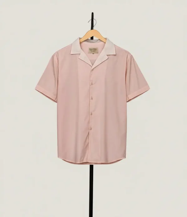 Soft Pink Cotton Half Sleeve Shirt with White Cuban Colla